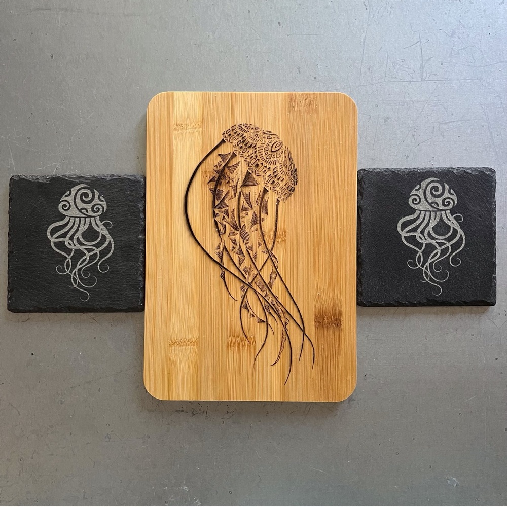 Jellyfish Laser Engraved Bamboo Cutting Serving Board and Slate Coasters